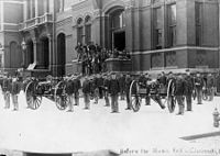 Troops outside the Music Hall after peace had returned