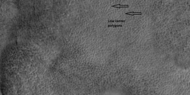 Low center polygons, shown with arrows, as seen by HiRISE under HiWish program. Image was enlarged with HiView.