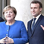 Merkel tillsammans med Frankrikes president Emmanuel Macron, 2019.