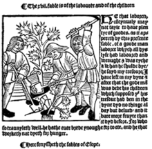 The fable of the farmer and his sons from Caxton's edition, 1484. Caxton-Fables.png