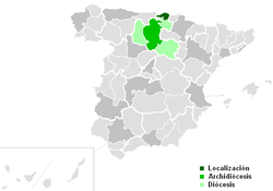 Hiippakunnan sijainti tummanvihreällä. Kartalla näkyvät myös Burgosin arkkihiippakunta (keskitummalla vihreällä), jonka alaisuuteen hiippakunta kuuluu, sekä muut Burgosin alaisuudessa olevat hiippakunnat (vaaleanvihreällä).
