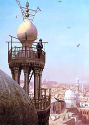 A Muezzin Calling from the Top of a Minaret the Faithful to Prayer label QS:Len,"A Muezzin Calling from the Top of a Minaret the Faithful to Prayer" label QS:Lpl,"Muezzin wzywający z wierzchołka minaretów wiernych do modlitwy" 1879