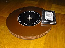 Disk pack manufactured by Nashua, USA, without its protective cover. A 3.5" modern hard drive is shown for comparison. Nashua diskpack.jpg