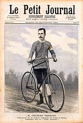 Une d'un journal de 1891 : sous le nom du jounal, un dessin montre un cycliste tenant sa bicyclette.