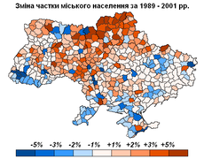 Зміна частки міського населення впродовж 1989-2001 років