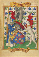 Jean Fouquet, Coat of Arms Held by a Woman and a Greyhound; Ms. 7, folio 2V