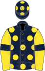 Dark blue, yellow spots, yellow sleeves, dark blue armlets, dark blue cap, yellow spots