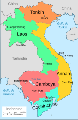 Mapa de la Indochina francesa. Cochinchina (azul) hacia el sur.