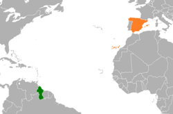 Map indicating locations of Guyana and Spain