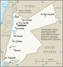 ヨルダン北部のザルカ（Az Zarqāʼ）の位置の位置図