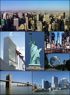 Midtown Manhattan, UNO Center, Freiheitsstatue, Times Square, Unisphere in Queens, Brooklyn Bridge, State Street Plaza mit Battery Park und Fähre Staten Island und Governors Island