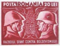 Image 151941 stamp depicting a Romanian and a German soldier in reference to the two countries' common participation in Operation Barbarossa. The text below reads the holy war against Bolshevism. (from History of Romania)