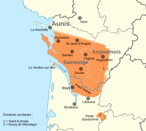 Carte représentant l'aire linguistique du saintongeais dans les Charentes et le Nord-Gironde