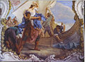 This is a fresco of Paris abducting Helen by force. It is painted on a wall inside a villa in Venice, Italy.