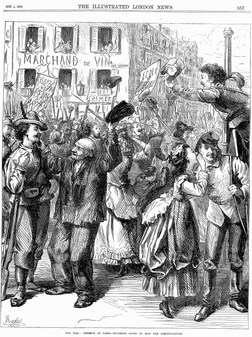 Guerre franco-allemande de 1870 : étudiants haranguant la foule pour la défense de Paris sur les barricades après la reddition de Napoléon III (gravure extraite du journal londonien Illustrated London News). (définition réelle 1 800 × 2 377)