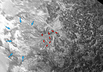 Nitrogen ice glaciers flowing into the eastern margin of the planitia (similar reprojected backlit view highlighting flow lines).