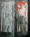 Two guardian deities of an ancient Chinese tomb, both holding tridents