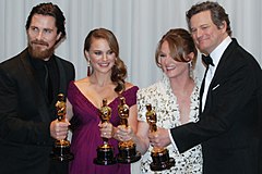 Bale (far left) at the 83rd Academy Awards in 2011, where he won the Academy Award for Best Supporting Actor Christian Bale, Natalie Portman, Melissa Leo and Colin Firth 2011 crop.jpg