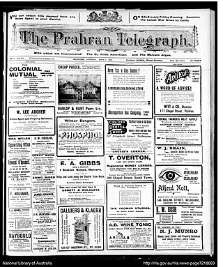 <i>Prahran Telegraph</i> Weekly newspaper published from 1860 to 1930 in Prahran, Melbourne, Australia