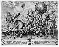 Cornelis Cort and Dirck Volckertsz. Coornhert (after Maarten van Heemskerck). Triumph of the World label QS:Len,"Triumph of the World" label QS:Lpl,"Tryumf Świata" label QS:Lde,"Triumphwagen der Welt" 1564. Gravure. Various collections.