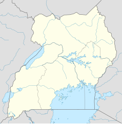 Mapa konturowa Ugandy, po lewej nieco na dole znajduje się punkt z opisem „Kasese”