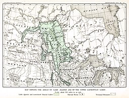 Map of the extent of Lake Agassiz in central North America, by 19th century geologist Warren Upham. The regions covered by the lake were significantly larger than shown here.