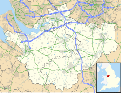 Mapa konturowa Cheshire, po prawej nieco u góry znajduje się punkt z opisem „Alderley Edge”