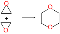 Einfaches Reaktionsschema für die Bildung von 1,4-Dioxan aus Ethylenoxid.