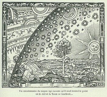 The Flammarion engraving is a wood engraving by an unknown artist that first appeared in Camille Flammarion's L'atmosphère: météorologie populaire (1888). The image depicts a man crawling under the edge of the sky, depicted as if it were a solid hemisphere, to look at the mysterious Empyrean beyond. The caption translates to "A medieval missionary tells that he has found the point where heaven and Earth meet..."