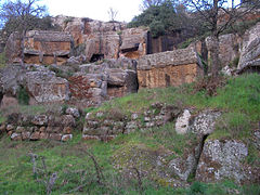 Tombes taillés directement dans la falaise de tuf avec végétation autour.