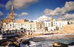 View of Monopoli from the city beach of Cala Porta Vecchia