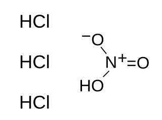 <span class="mw-page-title-main">Aqua regia</span> Mixture of nitric acid and hydrochloric acid in a 1:3 molar ratio