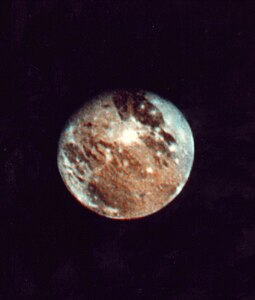 Voyager 2's image of Ganymede taken from a distance of 6,000,000 km (3,800,000 miles) on July 2 1979 during its flyby of Jupiter.[137]