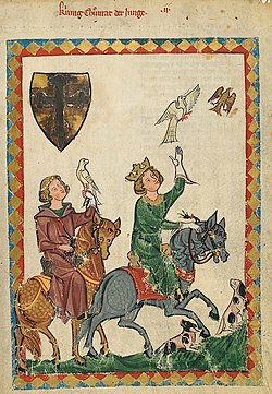 A portrait of Conradin hawking, from the Codex Manesse (Folio 7r). Konradin.jpg