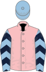 Pink, light blue sleeves, dark blue chevrons, light blue cap