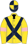 Yellow, dark blue cross belts, yellow sleeves, pink armlets, dark blue and yellow quartered cap