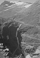 Valley head or trough end at Isterdalen from a different angle showing Trollstigen road and waterfall