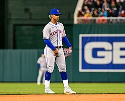 MLB player Francisco Lindor wearing Stance socks on field during a game