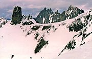 Gilhooley Tower upper left. Mount Johnson centered, and Martin Peak to right