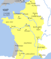 Saja-aastase sõja territoriaalsed muudatused. Prantsuse territooriumid (kollane), Inglise kuninga alad (hall), Burgundia (tumehall)