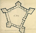 Ritning över den femhörniga bastionsfästningen Nya Älvsborg, år 1679. Yttermurarna är förstärkta i de förväntade anfallsriktningarna väster, uppåt på kartan, och söder.