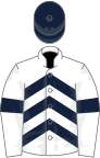 White, dark blue chevrons, armlets and cap