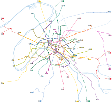 carte représentant toues les lignes du métro parisien de différentes couleurs.