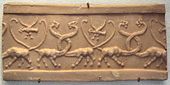 Cylinder seal with serpopards (monstrous lions) and lion-headed eagles; 4100–3000 BC; jasper; Louvre. This design was also adopted in Egypt as a consequence of Egypt-Mesopotamia relations.