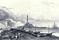 View of the port of Genoa with the Lanterna tower, lithograph (1839)