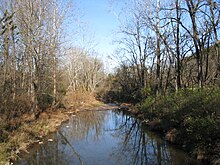 A calm stream surrounded by a forest, viewed from Trinity Road (West Virginia Secondary Route 220/11)