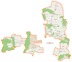 Mapa konturowa gminy wiejskiej Ostrów Wielkopolski, po lewej nieco na dole znajduje się punkt z opisem „Daniszyn”