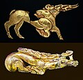 Image 50Scythian golden deer shield ornaments from the Iron Age 6th century BC found in Hungary. Above, the Golden Deer of Zöldhalompuszta is 37 cm, making it the largest Scythian golden deer known. Below, the Golden Deer of Tapiószentmárton. (from History of Hungary)