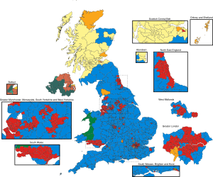 Uitslagen per kiesdistrict 2019: verlies Labour (rood) in Midden- en Noord-Engeland. Winst voor Scottish National Party (zacht geel) in Schotland