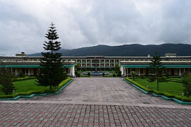 Long, low, well-landscaped building